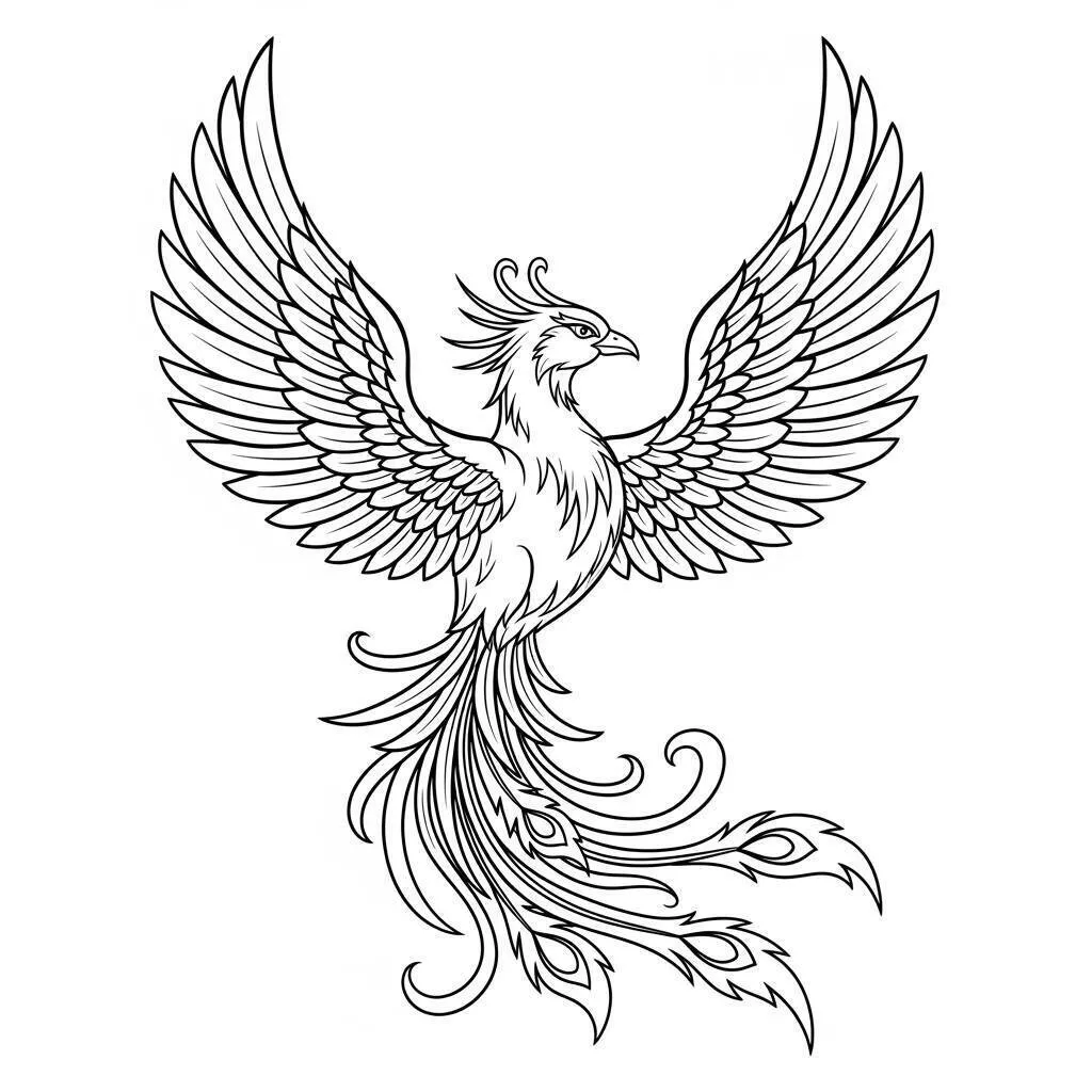 Majestuoso Fénix con alas abiertas para colorear