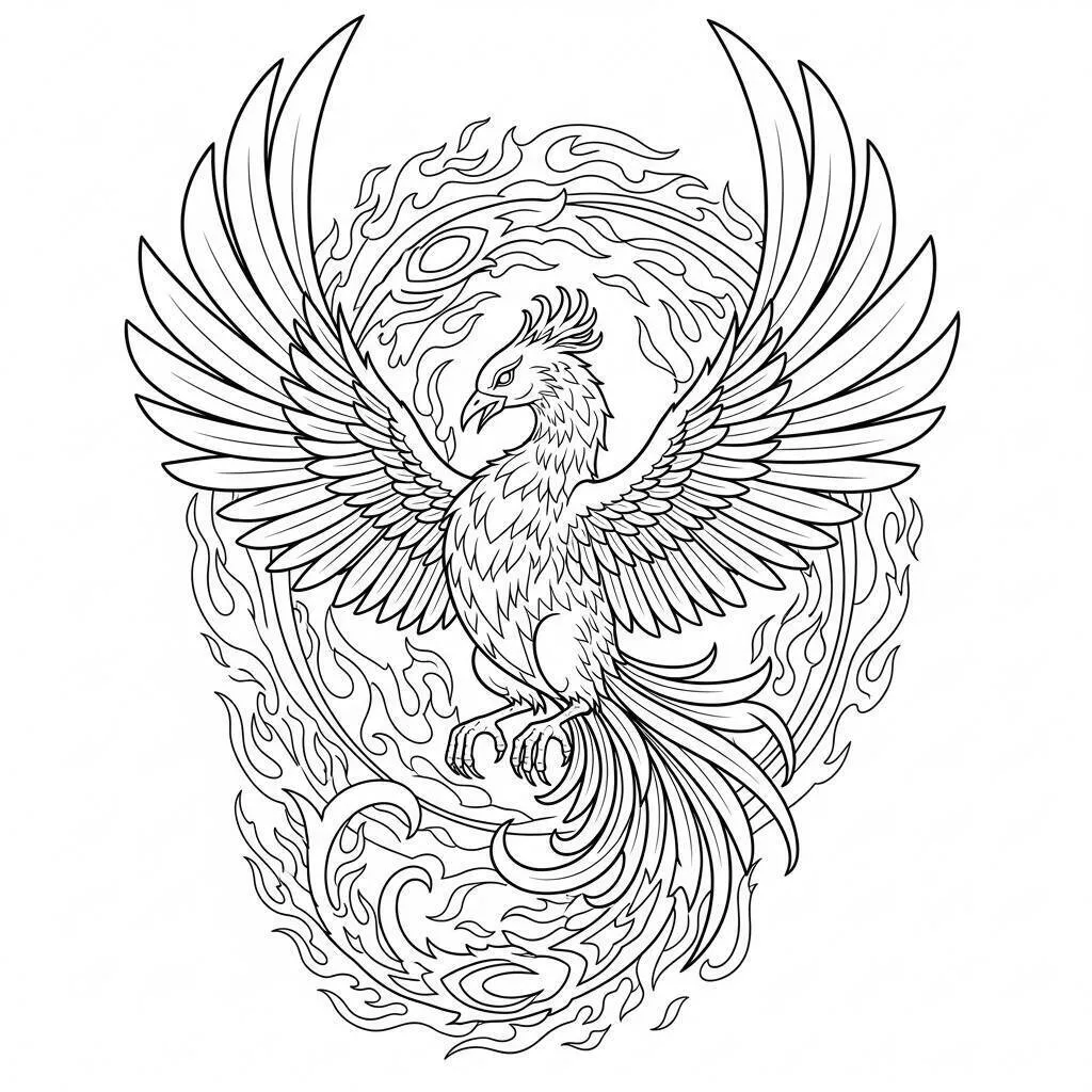 Dibujo para colorear del Majestuoso Fénix con alas de llamas