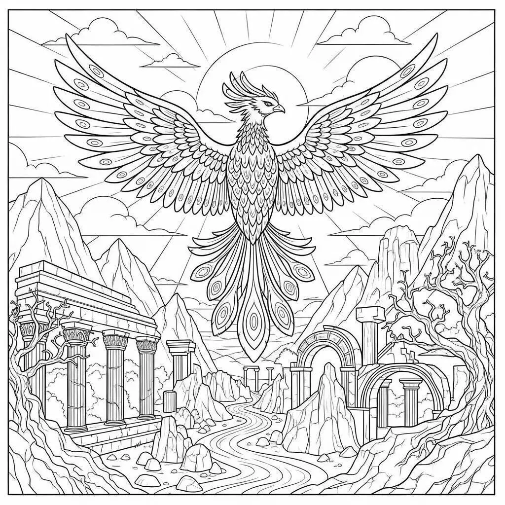 Desenho de Fénix Majestosa em Ruínas Antigas para Colorir