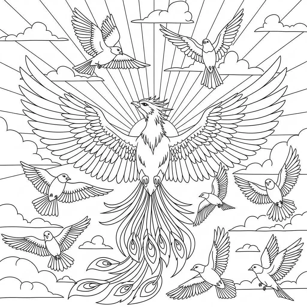 Desenho de Fénix Majestosa com Penas Radiantes para Colorir