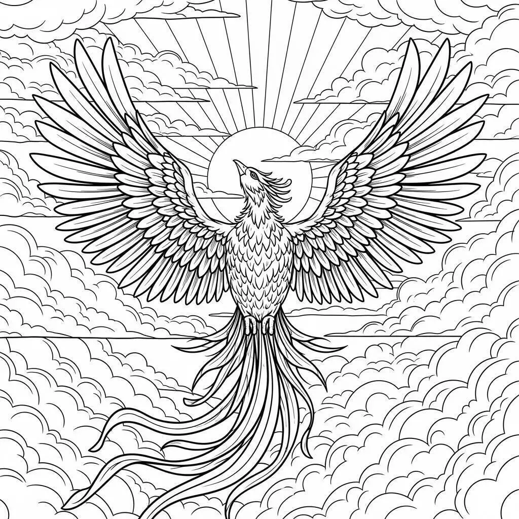 Desenho de Fénix Majestosa com Asas Abertas para Colorir