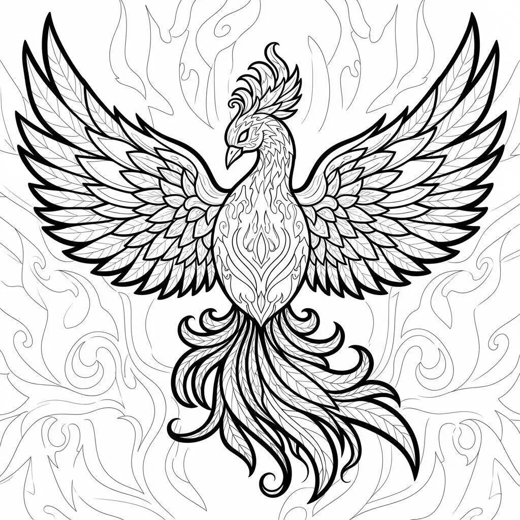 Desenho de Fénix Majestosa com Asas Abertas para Colorir