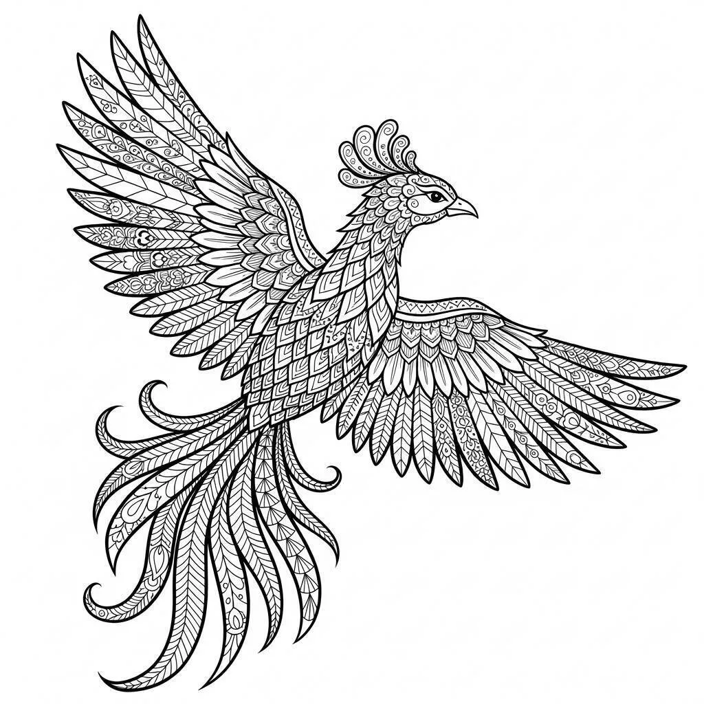 Desenho de Fénix Majestosa com Detalhes Intricados para Colorir