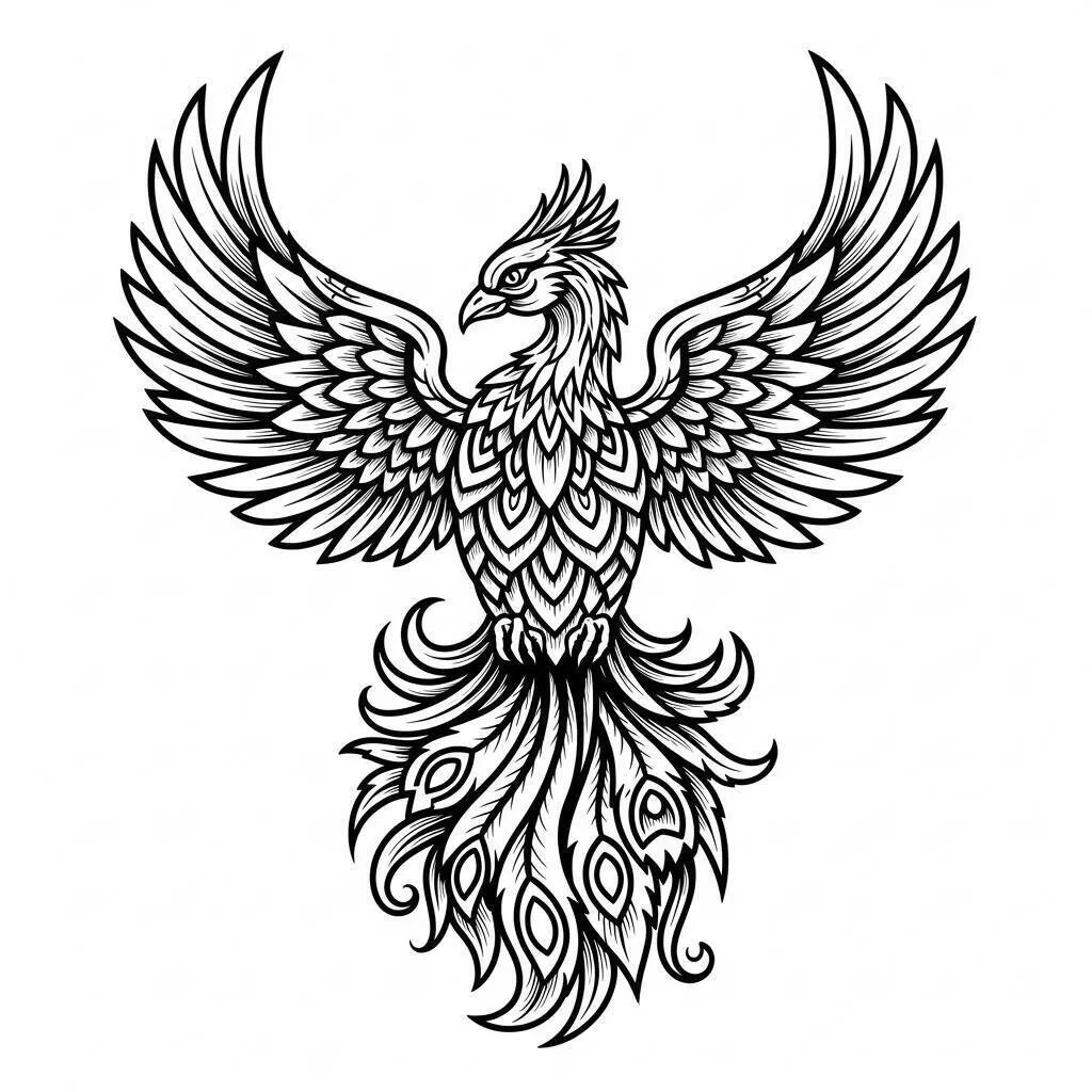 Desenho de Fénix Majestosa com Detalhes Intricados para Colorir