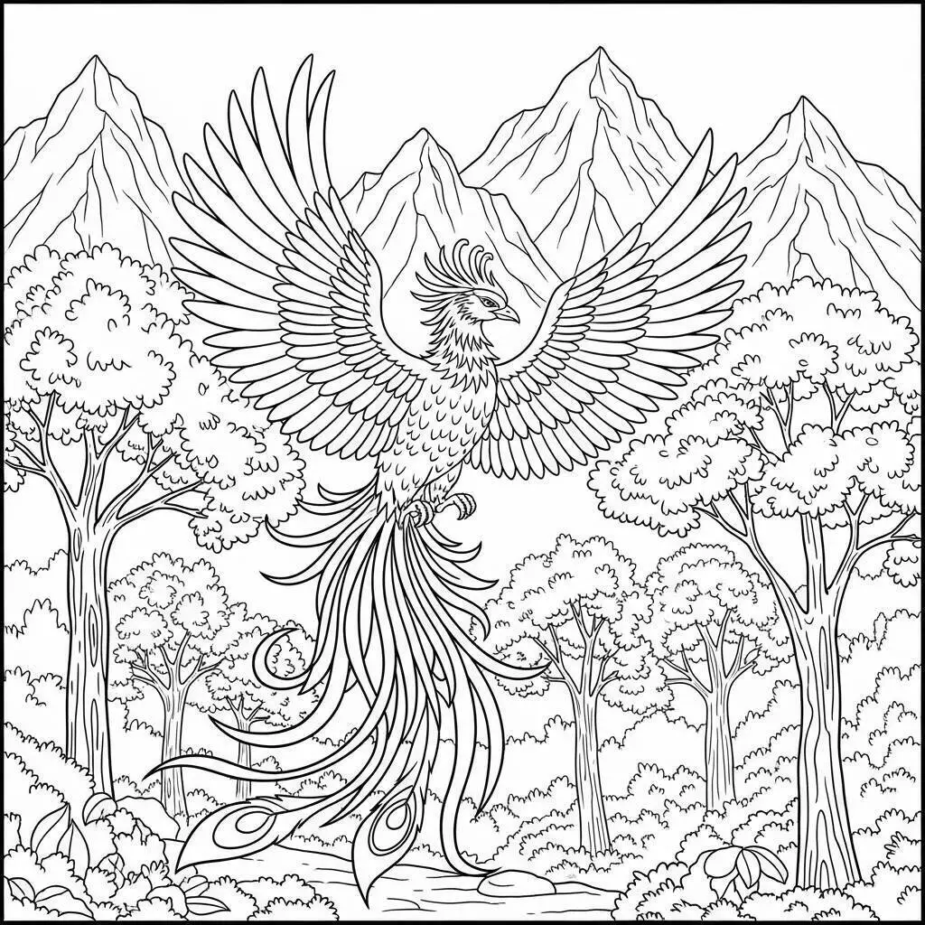 Desenho de Fénix Majestosa em Floresta para Colorir