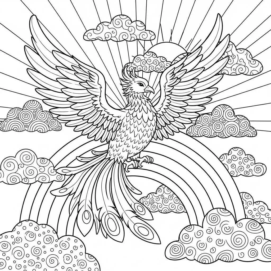 Desenho de Fénix Majestosa com Arco Íris para Colorir