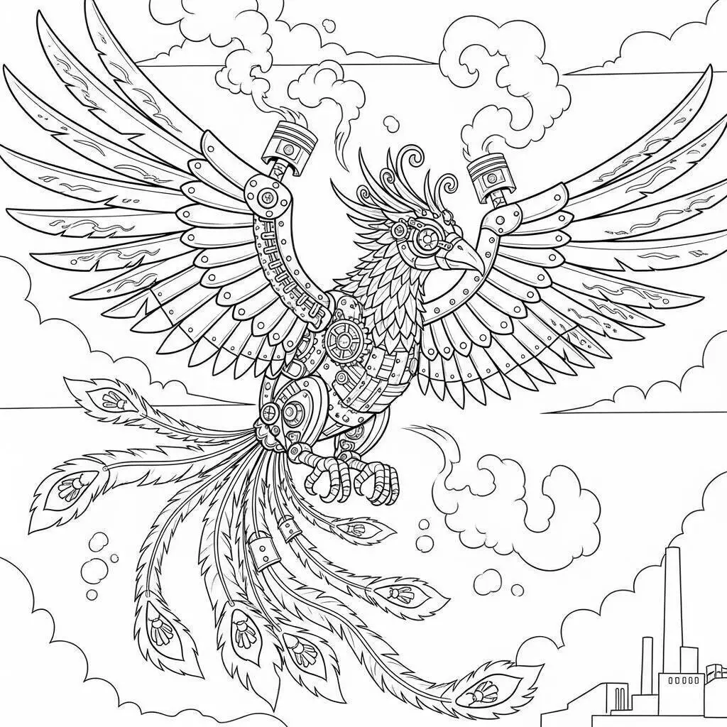 Desenho de Fênix Mecânica com Asas de Engrenagens para Colorir
