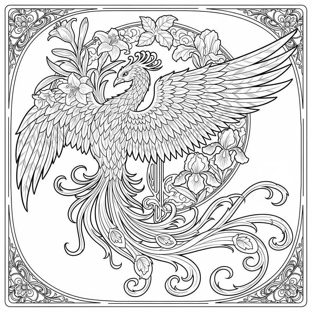 Desenho de Fénix com Flores para Colorir