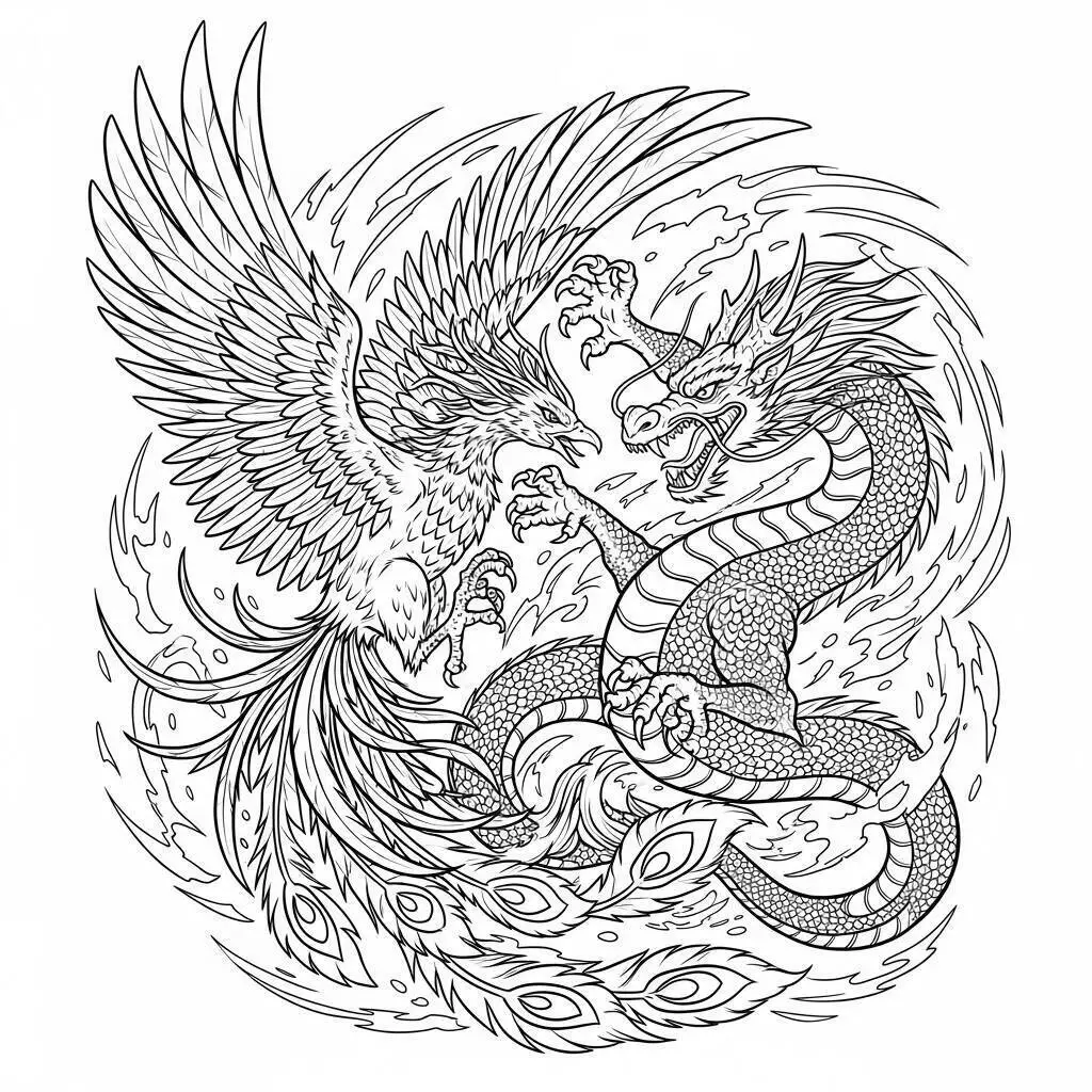 Desenho de Fénix e Dragão em Batalha Épica para Colorir