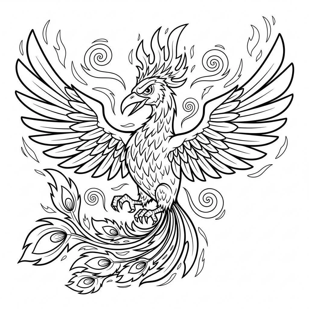 Desenho de Fénix Mítica com Chamas para Colorir