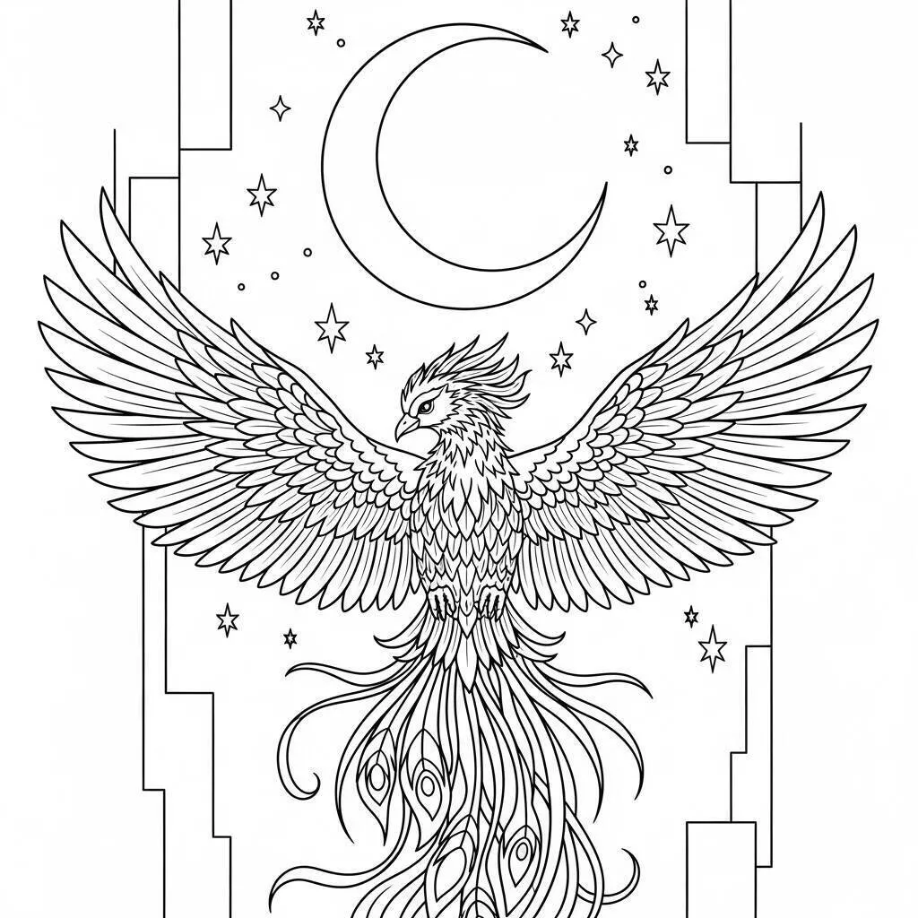 Desenho de Fénix Mística Sob a Lua para Colorir