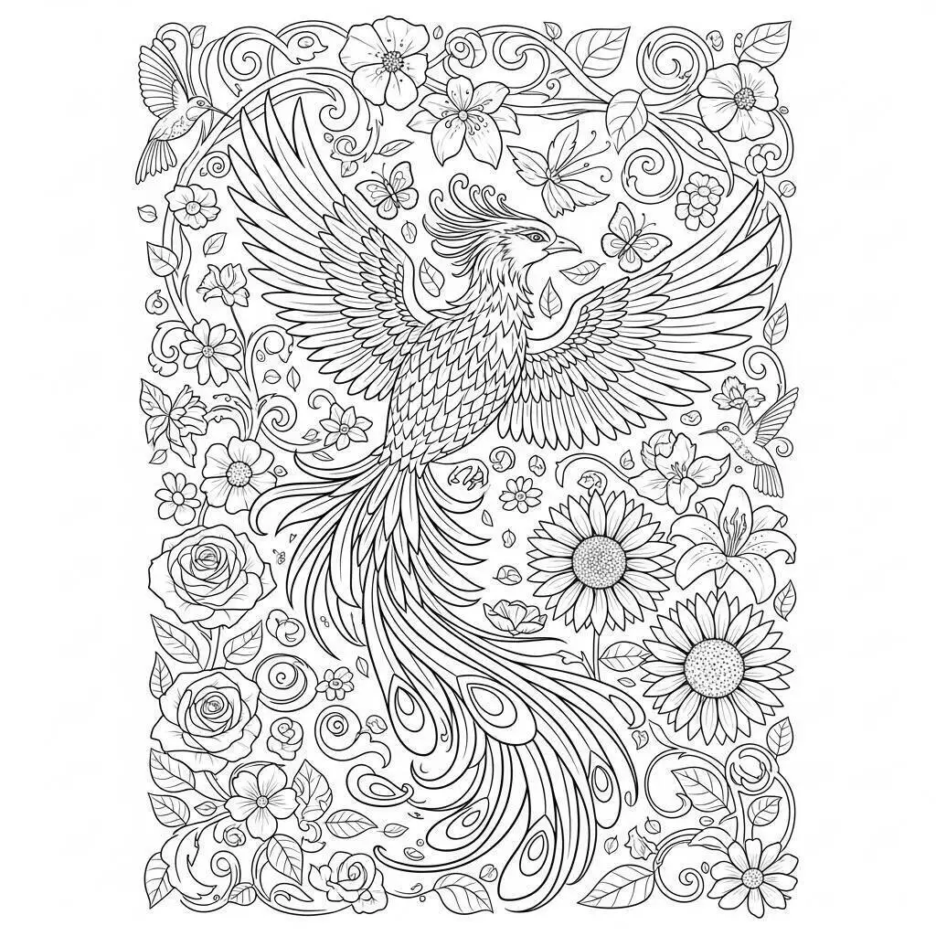 Desenho de Fênix Majestosa entre Flores para Colorir