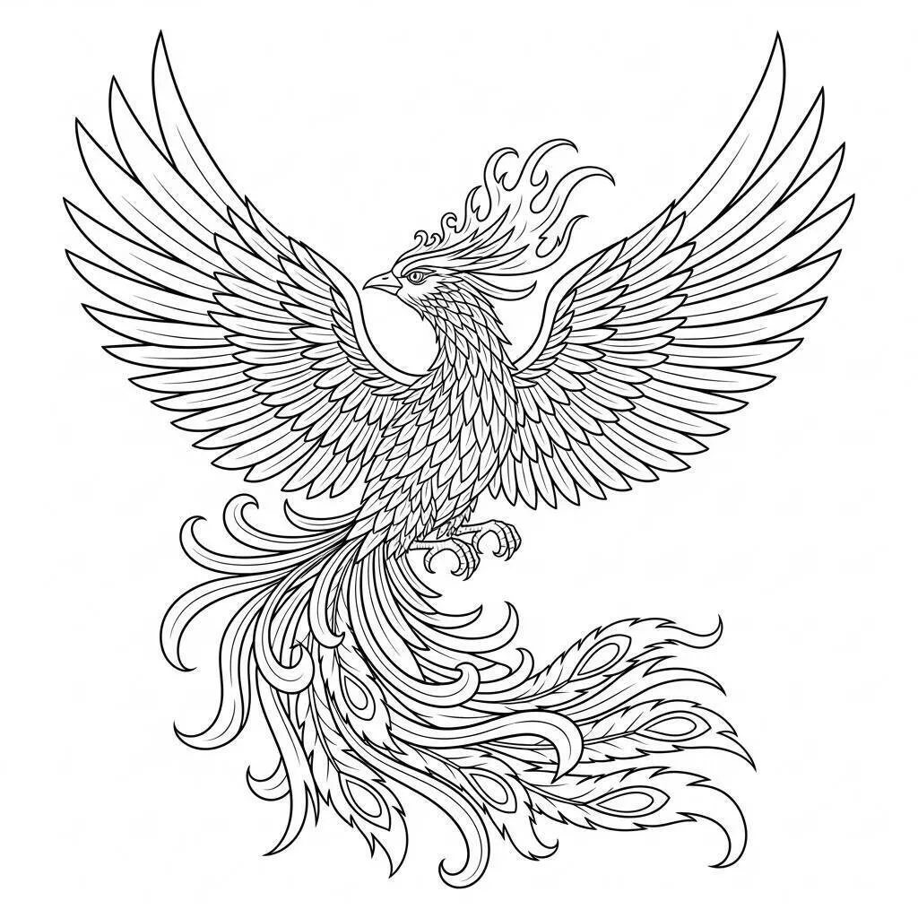 Desenho de Fénix Majestosa com Asas Espalhadas para Colorir