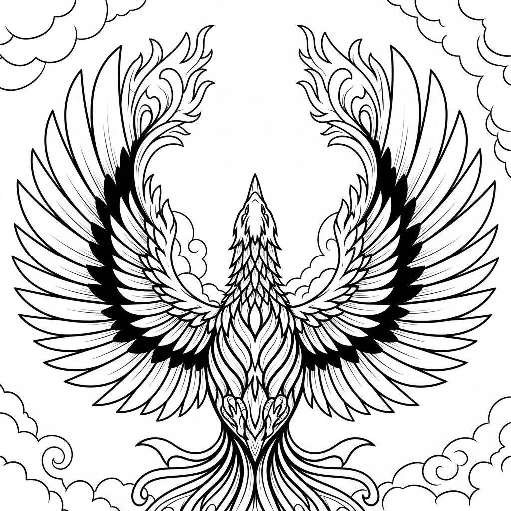 Desenho de Fénix Majestosa com Asas Abertas para Colorir