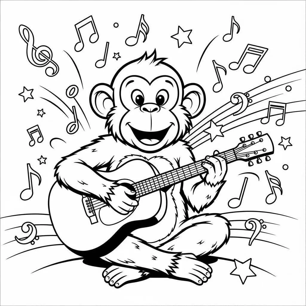 Desenho de Macaco Tocando Violão para Colorir