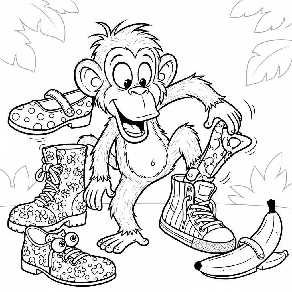 Desenho de Macaco Brincando com Sapatos para Colorir