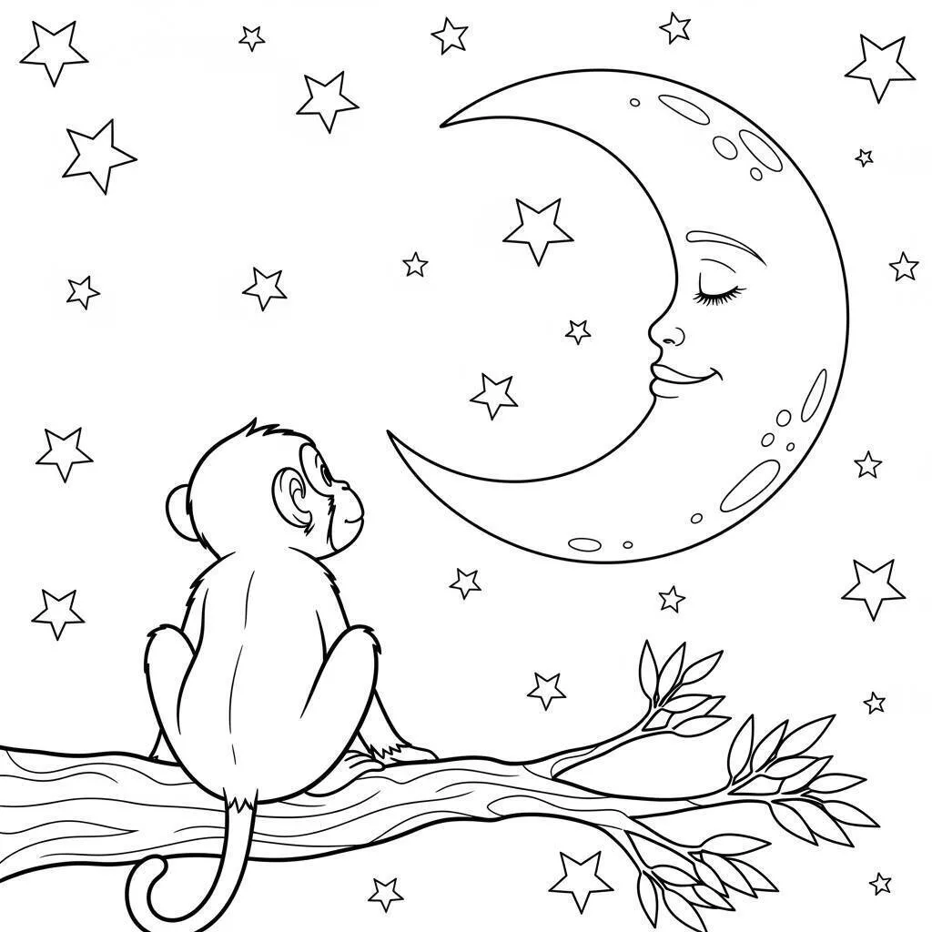 Desenho de Macaco Sonhando com a Lua para Colorir