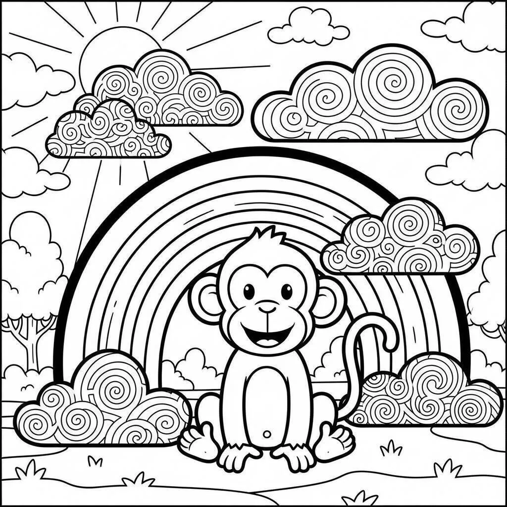 Desenho de Macaco Sorridente com Arco Íris para Colorir