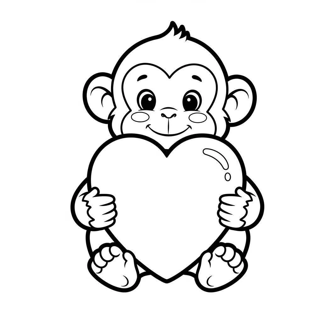 Desenho de Macaco Fofo Segurando um Coração para Colorir