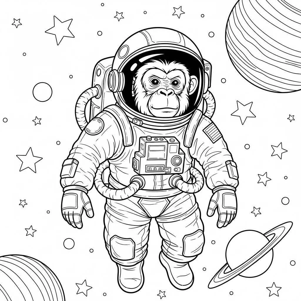 Desenho de Macaco Astronauta no Espaço para Colorir