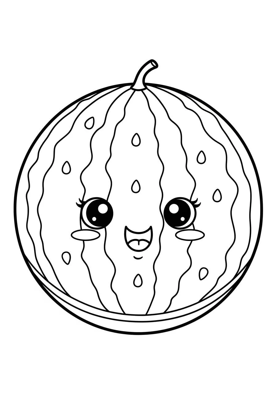 Kawaii Watermelon with Glossy Eyes Coloring Page