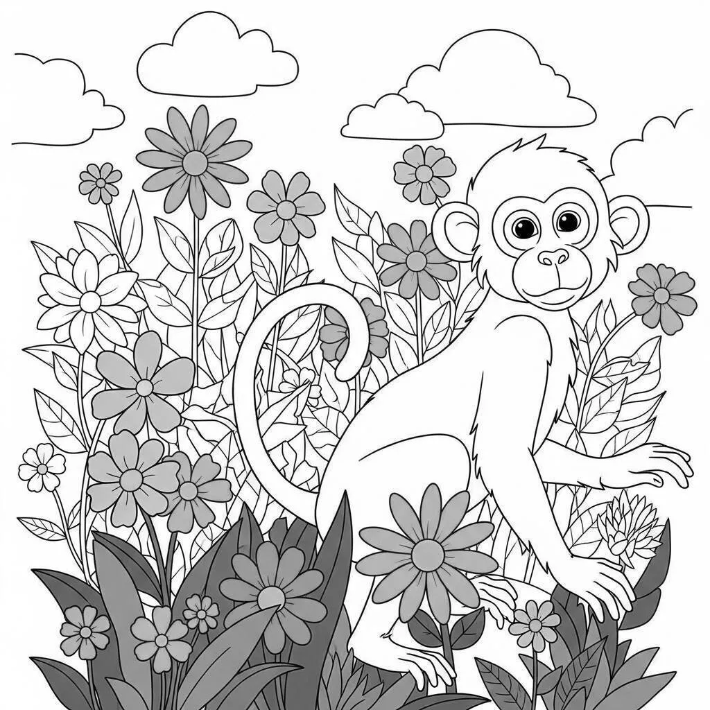 Desenho de Macaco Brincando entre Flores para Colorir
