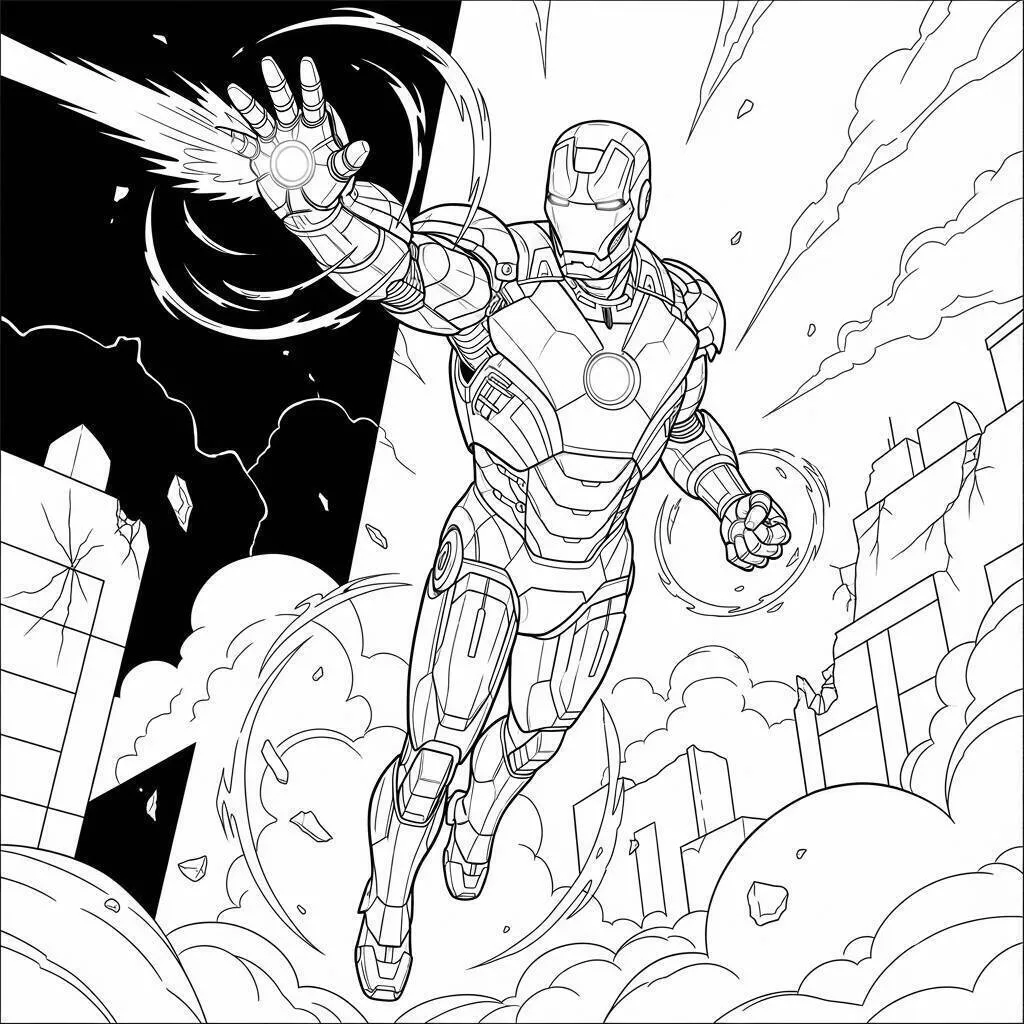 Desenho de Homem de Ferro Disparando Raio em Ação para Colorir