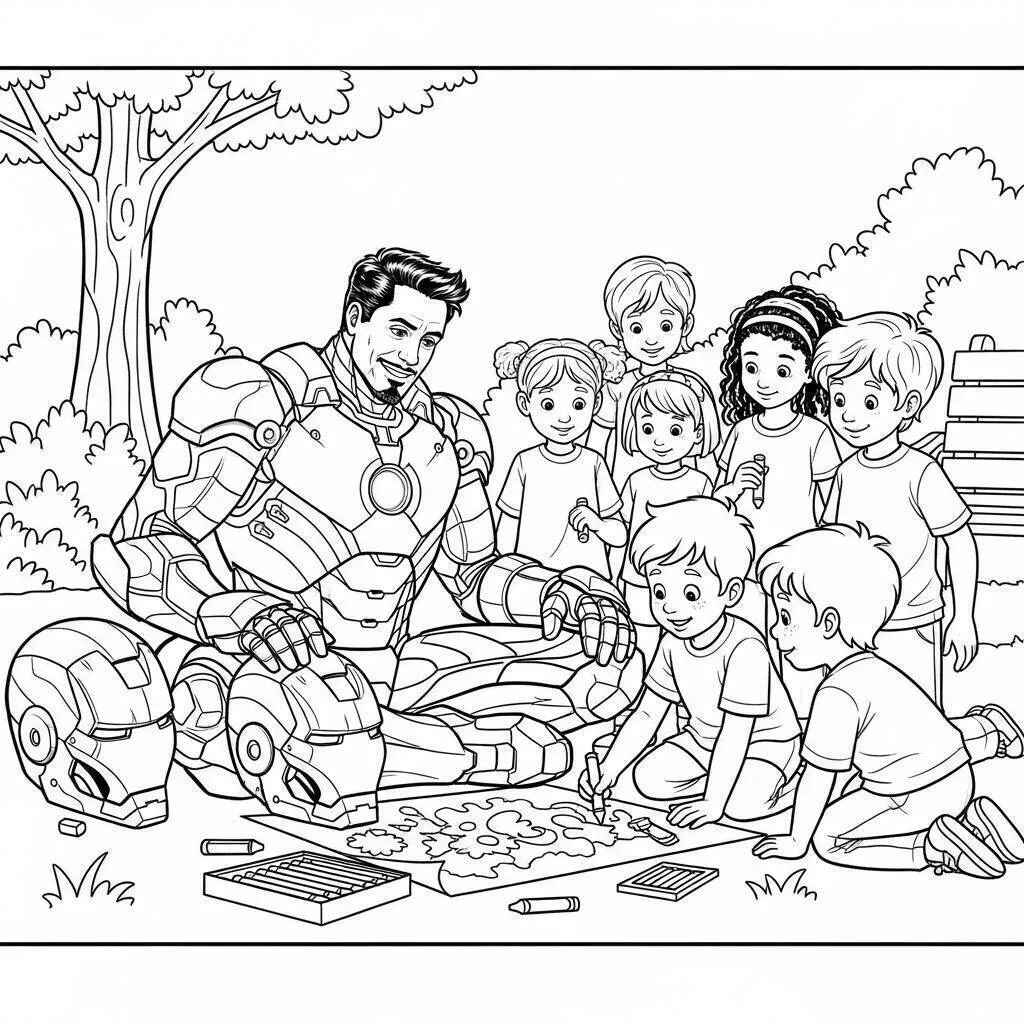 Desenho de Homem de Ferro Brincando com Crianças para Colorir