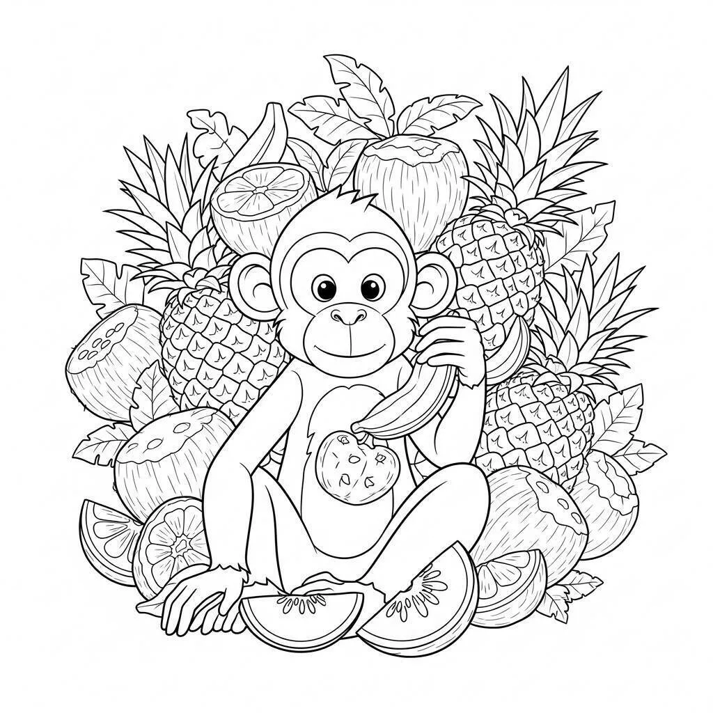 Desenho de Macaco a Comer Frutas para Colorir