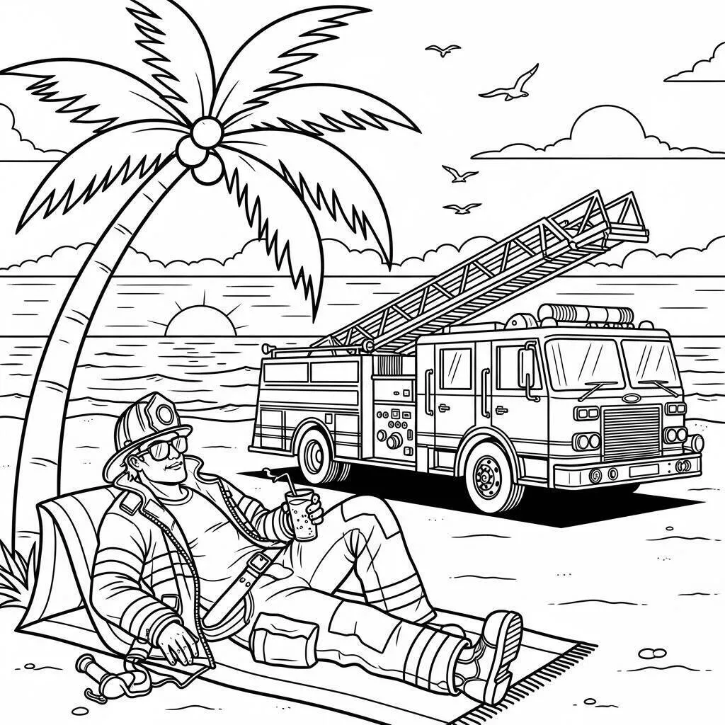 Firefighter Relaxing on the Beach with Fire Truck Coloring Page