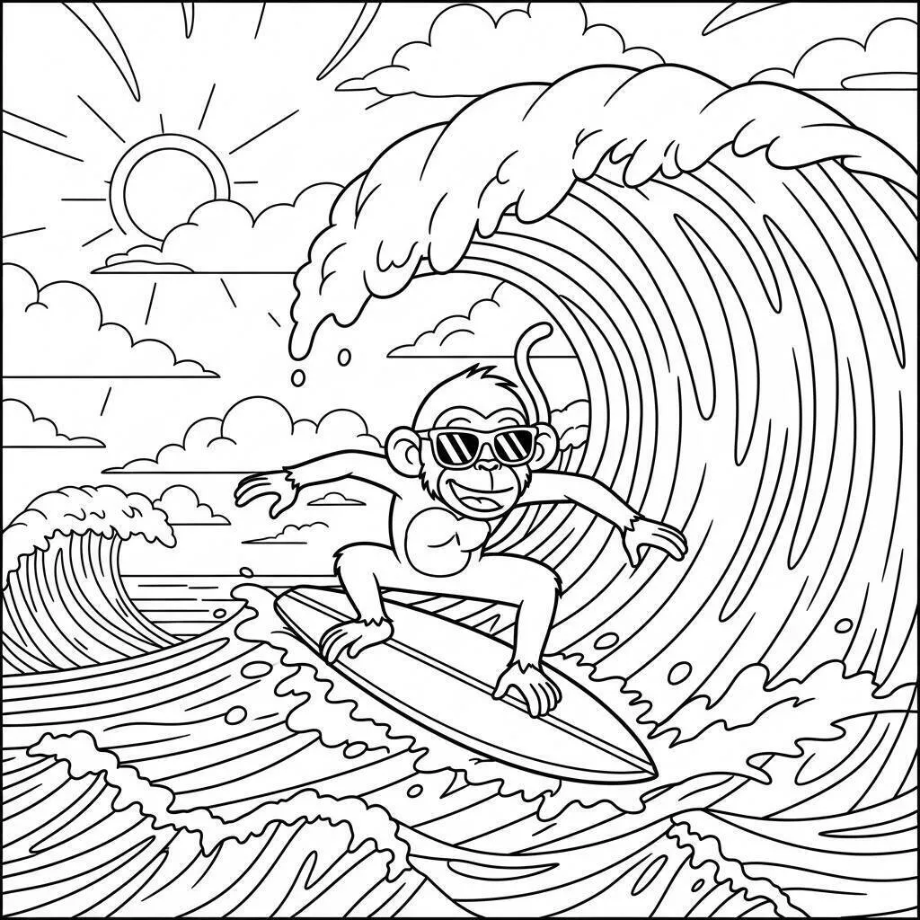 Desenho de Macaco Surfando na Onda para Colorir