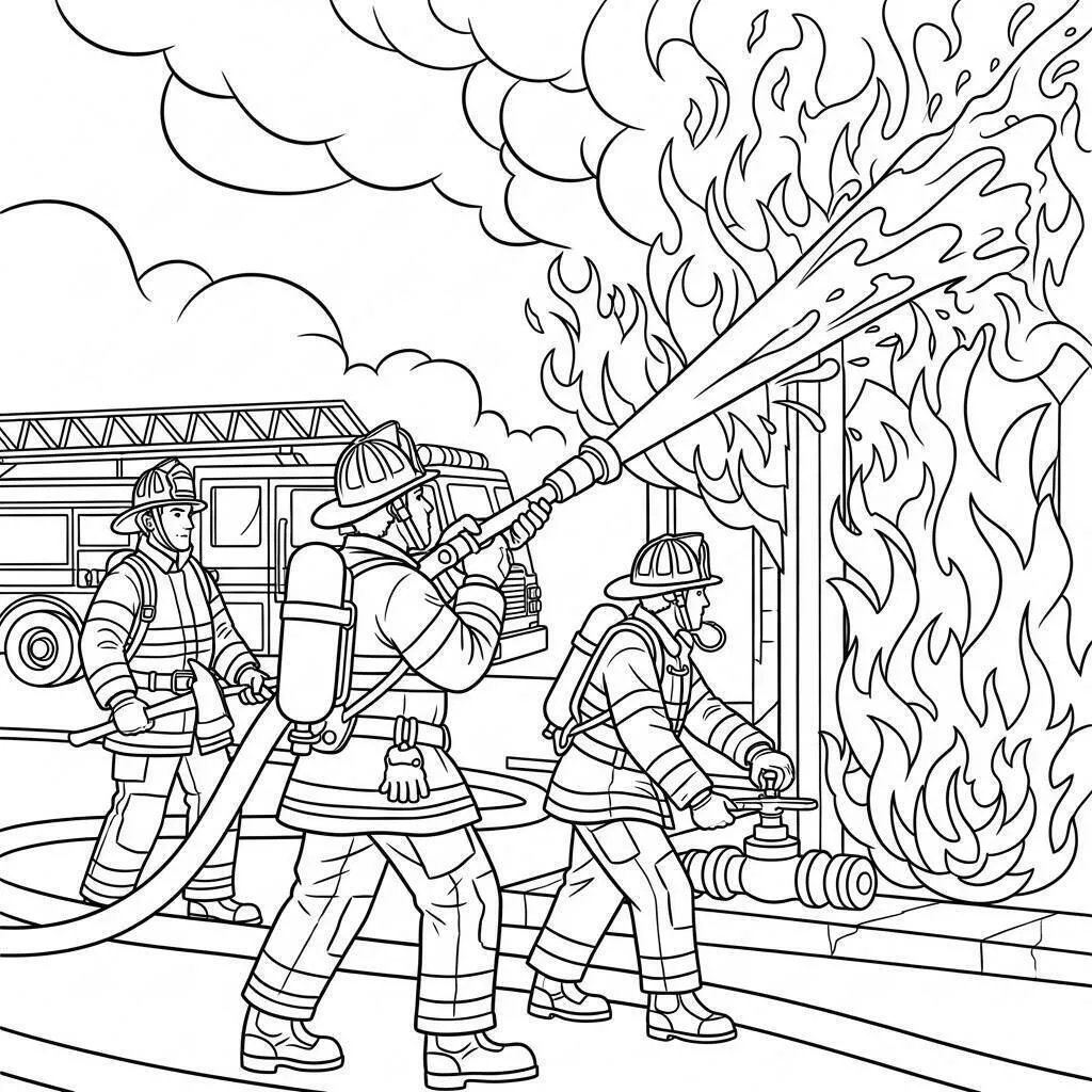 Firefighters Fighting Fire Coloring Page
