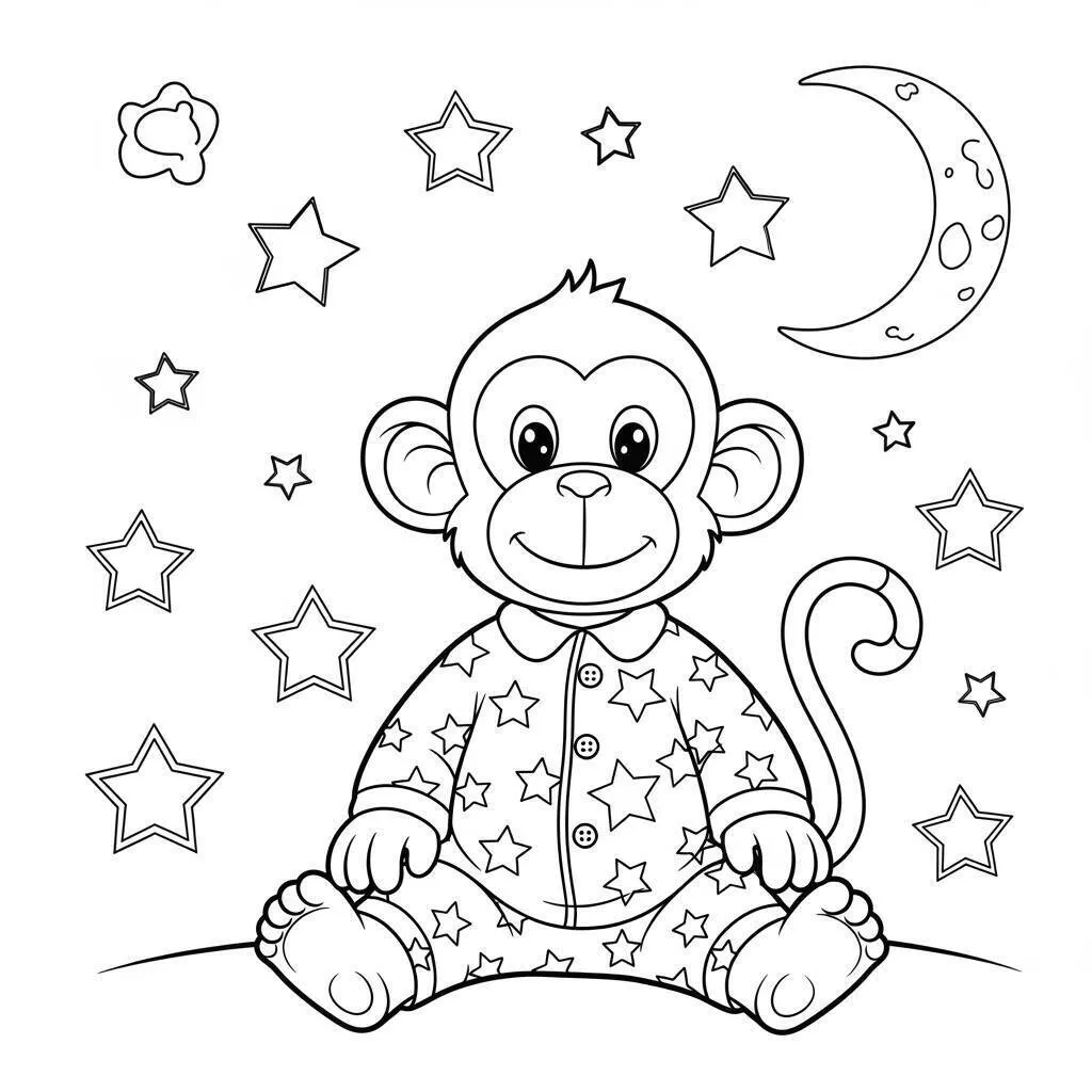 Desenho de Macaco Sorridente com Pijama Estrelado para Colorir