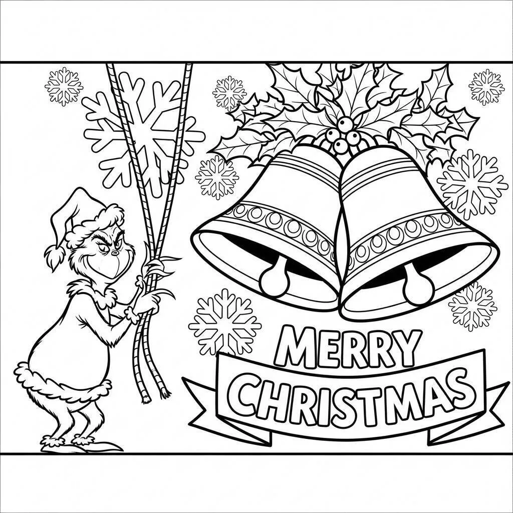 Grinch with Bells and Merry Christmas Message Coloring Page