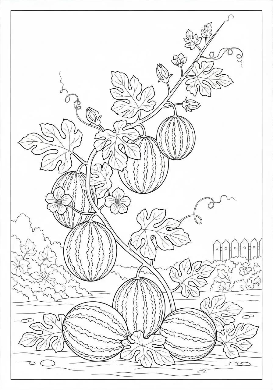 Desenho de Melancias em uma Videira para Colorir