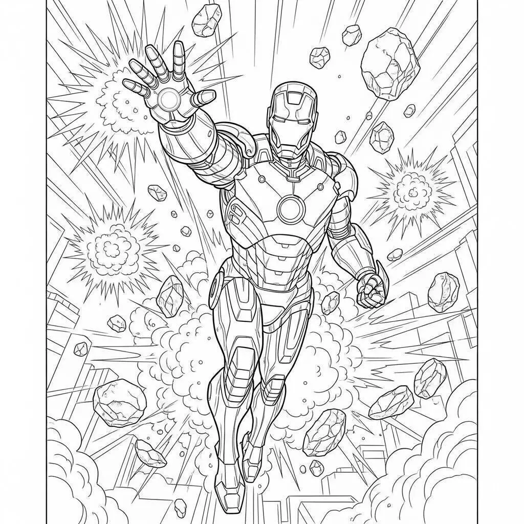 Desenho de Homem de Ferro Lançando Raio em Ação para Colorir