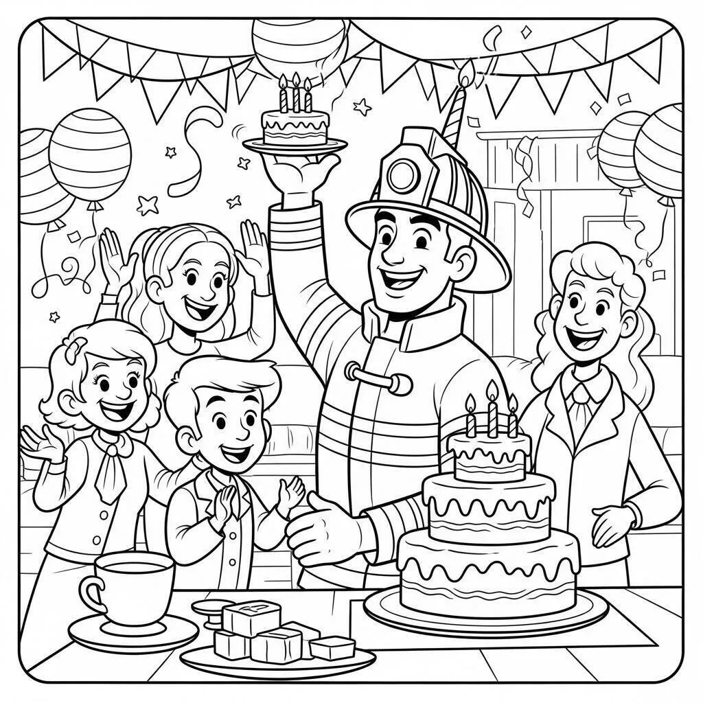 Desenho de Bombeiro Celebrando Aniversário com Bolo para Colorir