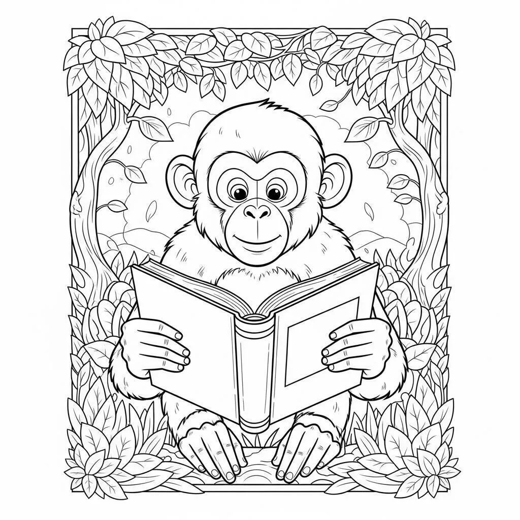 Desenho de Macaco Lendo Livro para Colorir