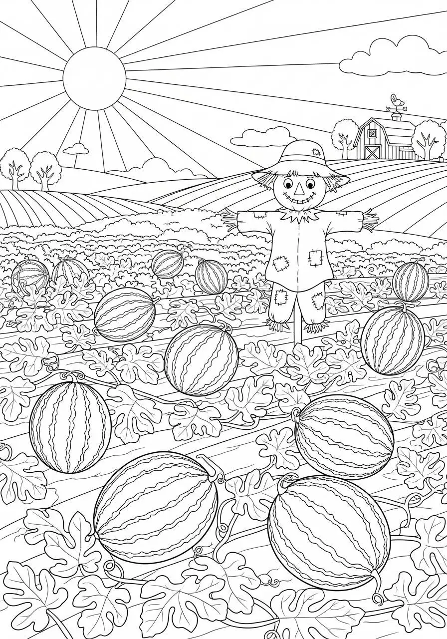 Desenho de Melancia em Campo com Espantalho para Colorir