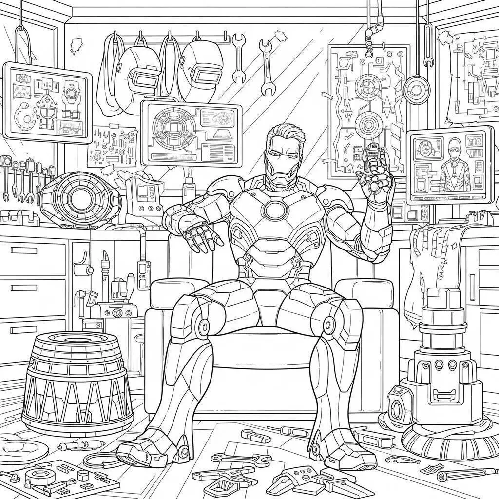 Desenho de Homem de Ferro na Sala de Controle para Colorir