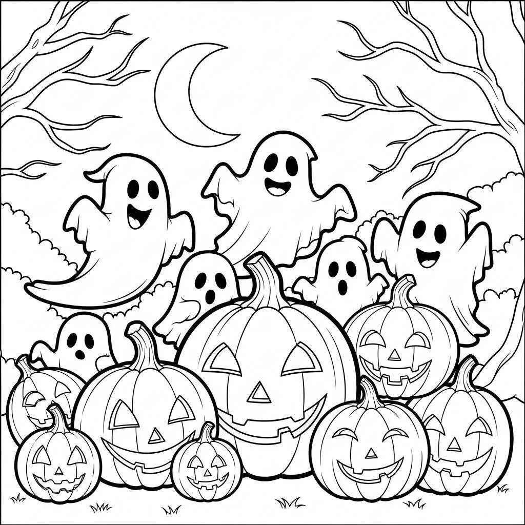 Desenho de Halloween com Fantasmas e Abóboras para Colorir