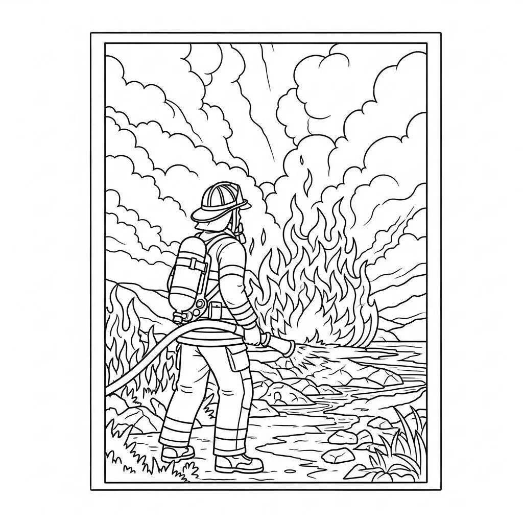 Desenho de Bombeiro Combatendo Incêndio para Colorir