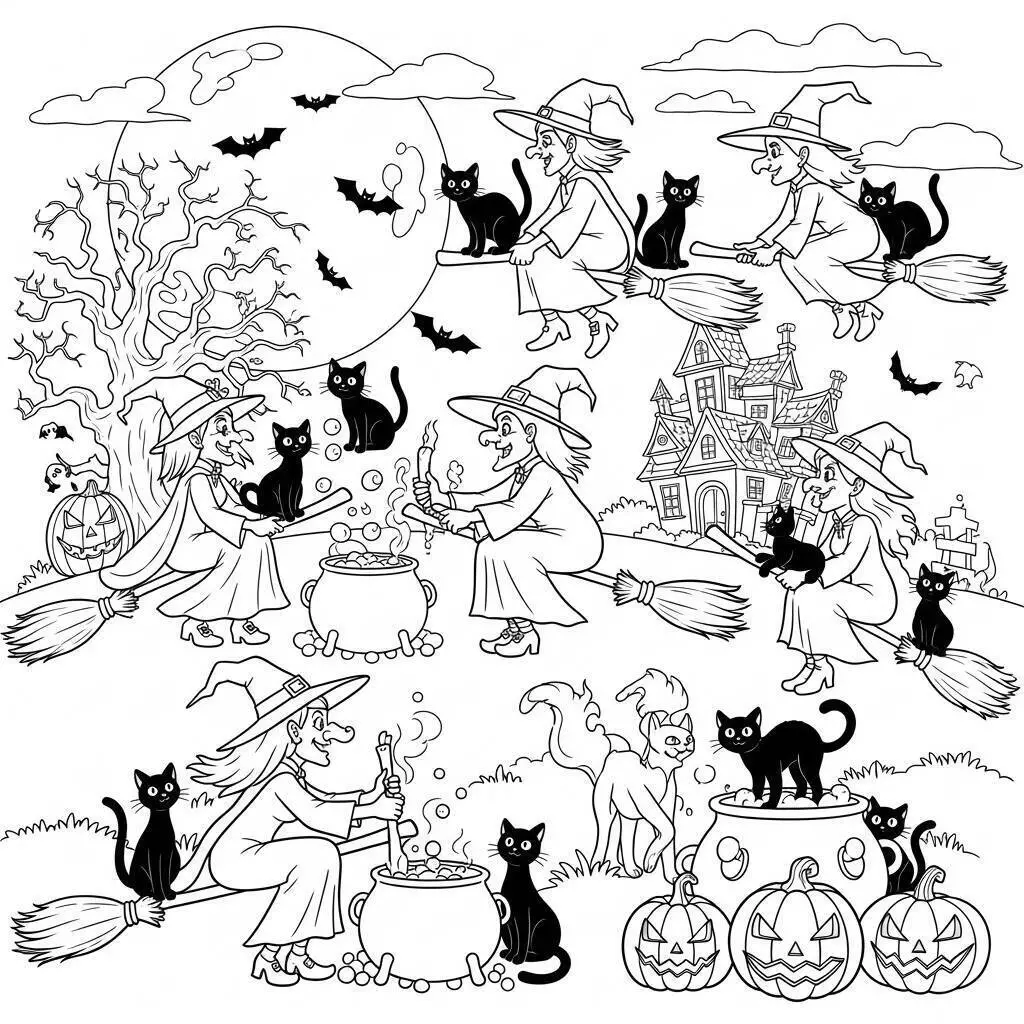 Desenho de Halloween com Bruxas, Gatos Pretos e Abóboras para Colorir