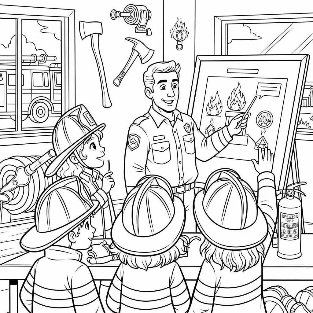 Firefighter Teaching Children Abort Fire Safety Coloring Page
