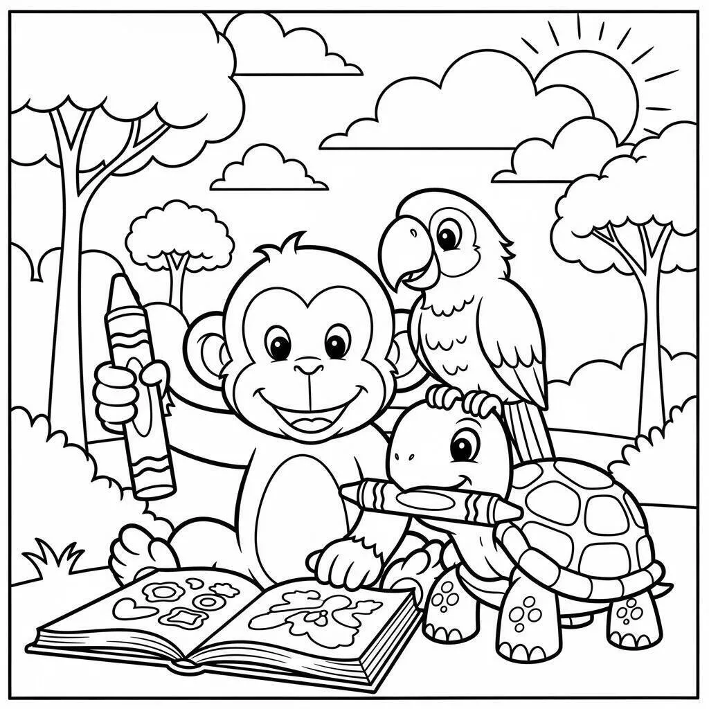 Desenho de Macaco Brincando com Tartaruga e Papagaio para Colorir