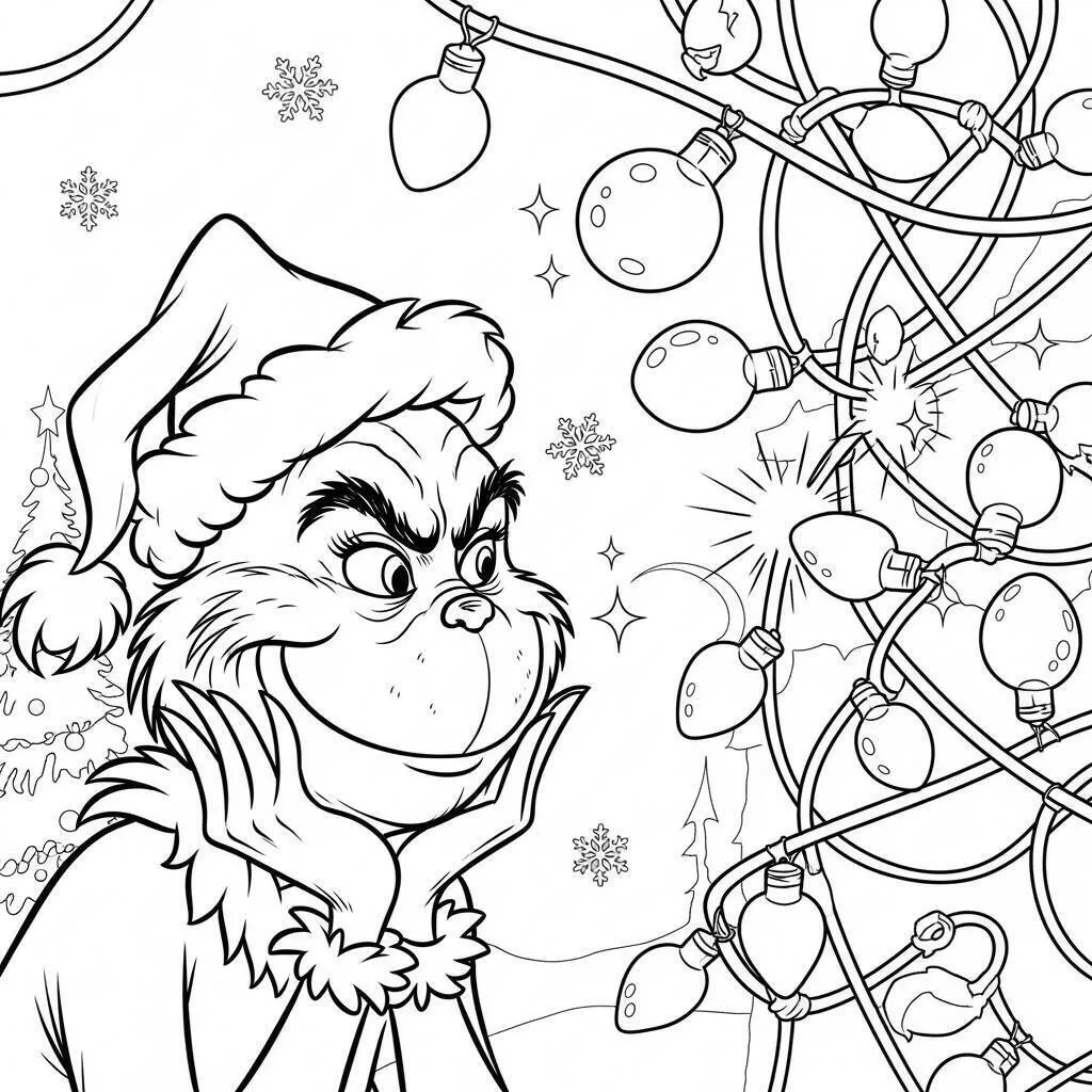 Thorghtful Grinch with Christmas Lights Coloring Page