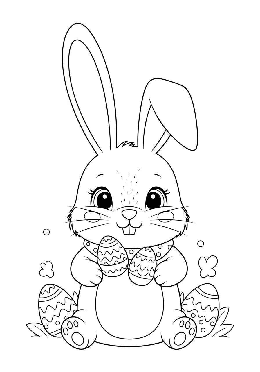 Desenho de Páscoa com Coelhinho Fofo e Ovos Coloridos para Colorir