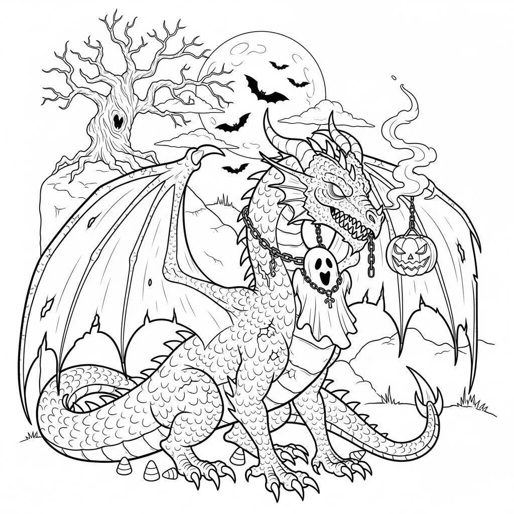 Dibujo para colorear de Víspera de Todos los Santos con dragón aterrador y calabaza