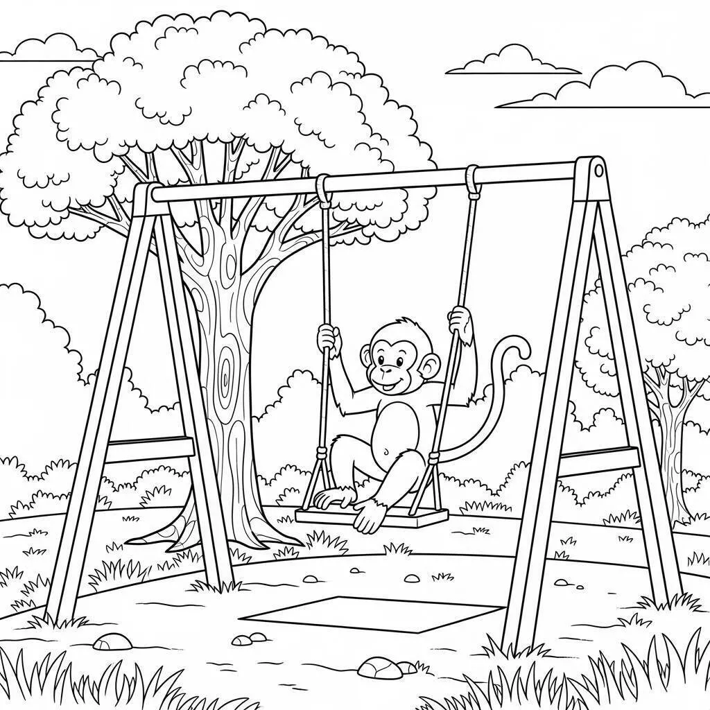 Desenho de Macaco Brincando no Balanço para Colorir