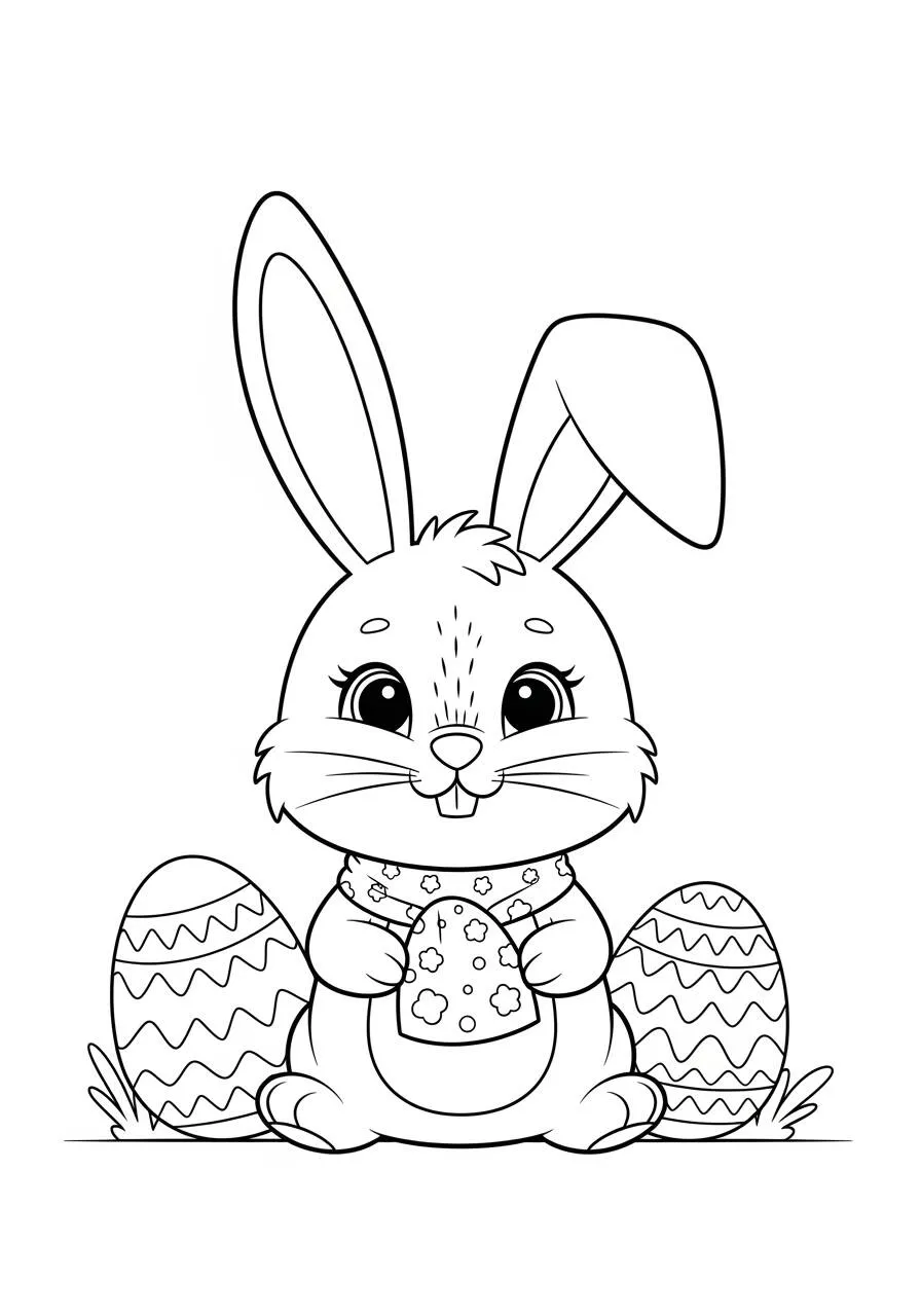 Desenho de Páscoa com Coelhinho e Ovos Decorados para Colorir